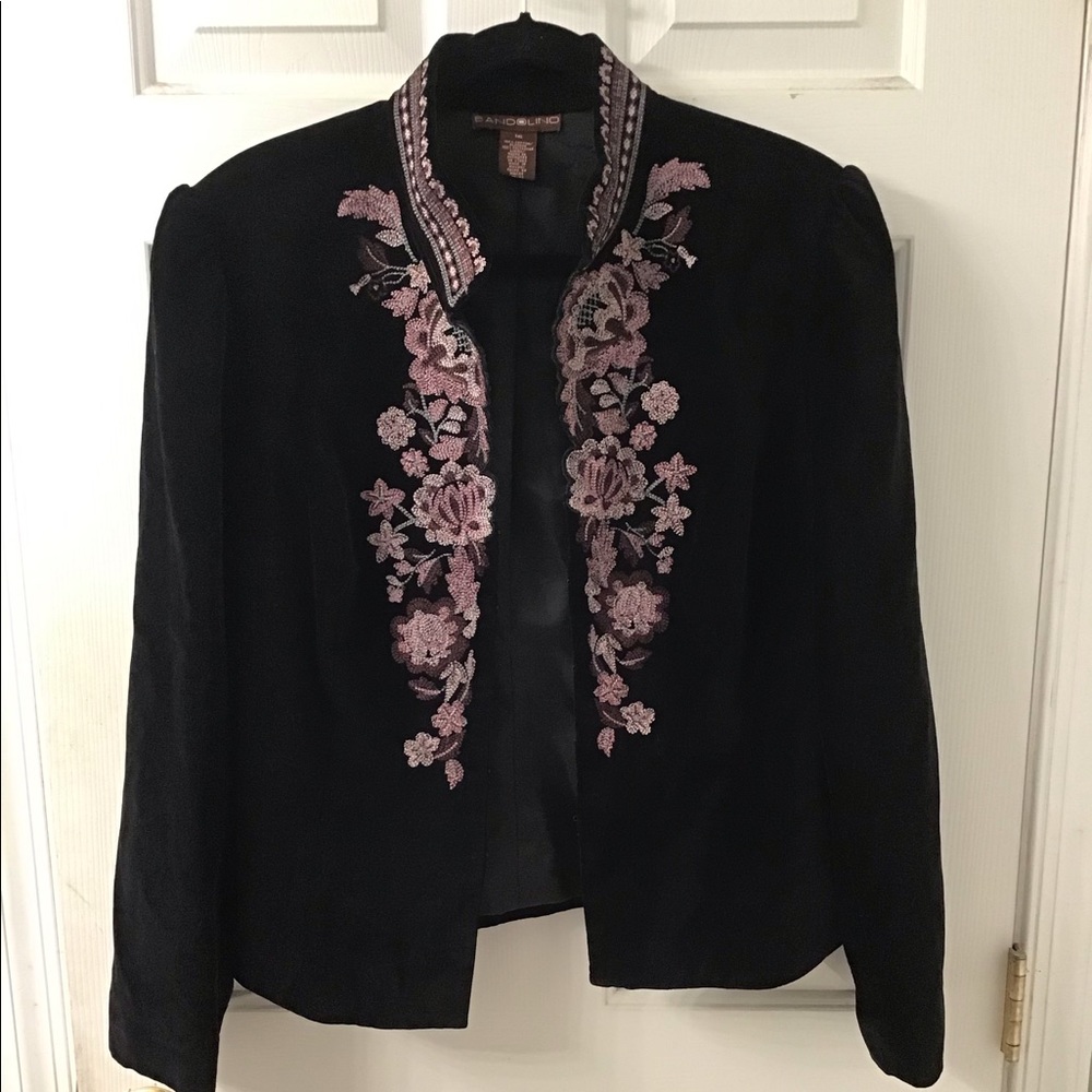 BANDOLINO BLACK VELVET OPEN FRONT EMBROIDERED BLAZER JACKET 16 EUC
